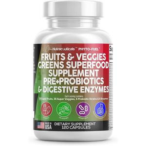 Fruits and Veggies Supplement Reds & Greens - A Natural Balance Of Over 70 Fruit and Vegetable Supplements Capsules with Probiotics Prebiotics Digestive Enzymes Nature Spirulina -120 Ct USA Healthcare Fitness