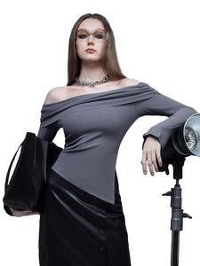 Women's Trendy Off Shoulder Boat Neck Long Top Trendy Sexy Going Out Fold Over Shirt 2025 Basic Blouse Womenswear Asymmetrical Cardigan Chic
