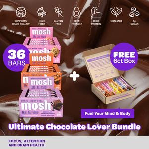 MOSH Ultimate Chocolate Lover Bundle, Brain-Boosting Protein Bars, Peanut Butter, Brownie & Cookie Dough Crunch, 36ct + Free 6ct Variety Pack Snack