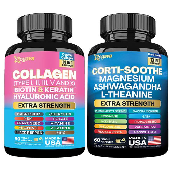Shining Serenity Set: Zoyava Collagen & Cortisol All-in-One Multivitamin Combo - Made in USA with Extra Strength Ingredients
