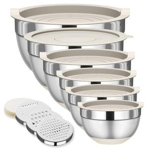6 Piece Mixing Bowls with Lids Set, Stainless Steel Nesting Storage Bowls for Kitchen, with 3 Grater Attachments & Non-Slip Bottoms, Size 5.5,3.5,2.5,2.1,1.5,1.1 QT