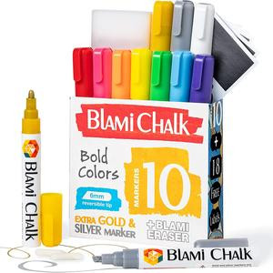 Blami Arts Liquid Chalk Markers Erasable pack with Extra Gold and Silver Colors - Vibrant Color For Chalkboard Signs, Windows, Blackboards - 6mm Reversible Tip Chalk Pens, Erasing Sponge Included