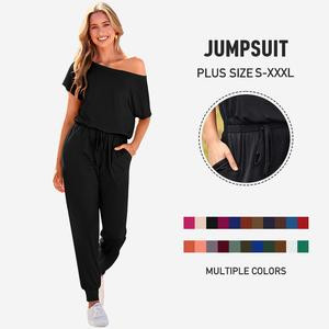 PrettyGarden Summer Outfit Women's Romper Jumpsuit Plus size S-XXXL Fake Drawstring Off-Shoulder Overalls Elastic Waist Stretchy Loose Minimalist Comfy Clothes