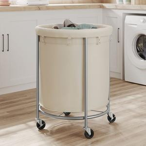 【Holiday Haul】SONGMICS HOME Laundry Basket with Wheels, Rolling Laundry Hamper, Round Laundry Cart with Steel Frame and Removable Bag, 4 Casters and 2 Brakes Organiser