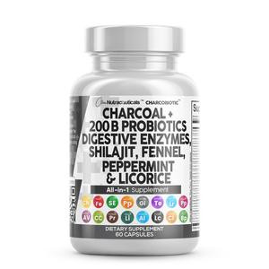 Clean Nutra Activated Charcoal Capsules 1000mg Shilajit 5000mg Pills Probiotic 200 Billion + Digestive Enzymes for Digestive Health with Peppermint Fennel Licorice Papain Ginger Turmeric | Gut Health Food Supplement
