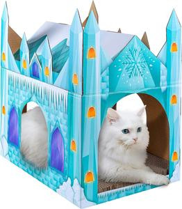 LiBa Cardboard Cat House with Scratch Pad and Catnip, Cat Bed for Indoor Cats, Cat Scratcher, Christmas Decorations for Cats Christmas Cat Decor for Cats, Ice Castle