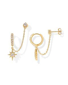 PAVOI 14K Gold Chain Earrings for Women | Double Piercing Dangle Chain Huggie Hoop Earrings | Cubic Zirconia Star Stud Ear Cuff Earrings for Women