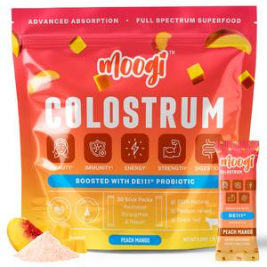 Moogi Peach Mango Colostrum Powder - Hair Skin & Nail With Clinically Tested DE111 - Dietary Supplement - Digestion & Immunity - 30 Stick Packs