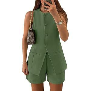ZESICA Women's 2025 Summer 2 Piece Short Sets Sleeveless Crew Neck Suit Vest Tops High Waist Shorts Business Outfits