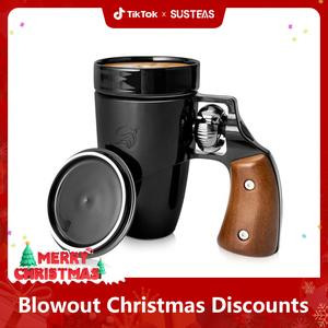 Pukomc Coffee Cup with Rotatable Wooden Handle, Ceramic Leak-Proof and Scalding-Proof Cup, 16 Ounces Beverage Drinkware Glass Reusable Reuse
