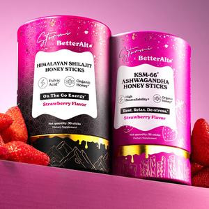 Stormi x BetterAlt De-stress & Energy Kit (Strawberry) | Himalayan Shilajit + KSM-66 Ashwagandha Honey Sticks Duo for Women | Lab-tested for Purity