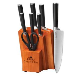 Ginsu Gourmet Chikara Series Forged 8-Piece Japanese Stainless Steel Knife Set with Hardwood Block and Kitchen Shears Blade Handles