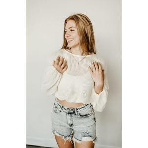 Cropped Waffle Knit Bubble Sleeve Top
