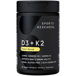 Sports Research Vitamin D3 + K2 with 5000iu of Plant-Based D3 - 100mcg of Vitamin K2 as MK-7 - Non-GMO Verified & Vegan Certified - 30 Veggie Softgels