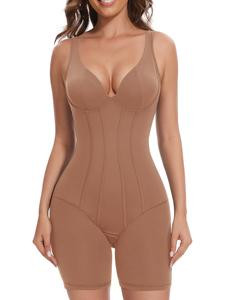 Brown Mid-Thigh Shapewear Bodysuit: Low-Back Cutout and Built-In Bra for Seamless Elegance cami romper