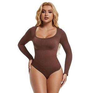SHAPER FLEX Women's Long Sleeve Shapewear Bodysuit, Shaping Thong Panties, Tummy Control Body Shaper, Thong Shapewear for Women (Brown, XL)