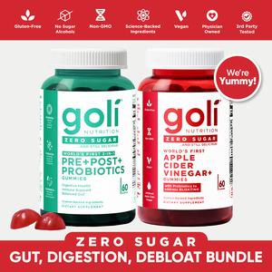 Gut, Digestion & Debloat Bundle - Goli Zero Sugar 3-in-1 Pre, Post, Probiotics + Apple Cider Vinegar, World's First. Vegan, Plant Based, Non-GMO, Gluten-Free & Gelatin-Free