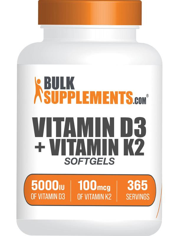 BulkSupplements.com Vitamin D3 + K2 Softgels - Fitness Supplements - Dietary Supplements - 365 Softgels - 5000iu of Vitamin D3 & 100mcg of Vitamin K2 per Serving