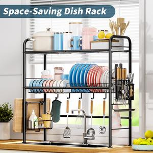 【Holiday Deals】San Dream Over Sink Rack Kitchen Over The Sink Dish Drying Rack Organizer Large Space Saving Dish Drainer Countertop Dishes Rack On Counter Caddy Utensil Metal Organizer 1&2 Tiers