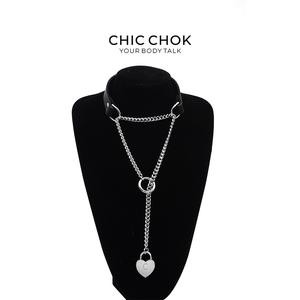 CHICCHOK [Breathless] Fashion Black with Thick Chains, Movable Pulling Chain Daily Wear Leather Necklace Choker versatile wear(With love lock)