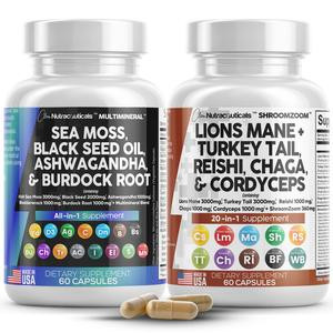 Clean Sea Moss + Lions Mane Mushroom Supplement Bundle  with Cordyceps Chaga Reishi Plus Black Seed Oil, Ashwagandha & Burdock Root- Made in USA
