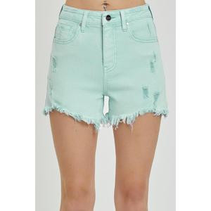 Statement High Rise Distressed Risen Shorts in Mint