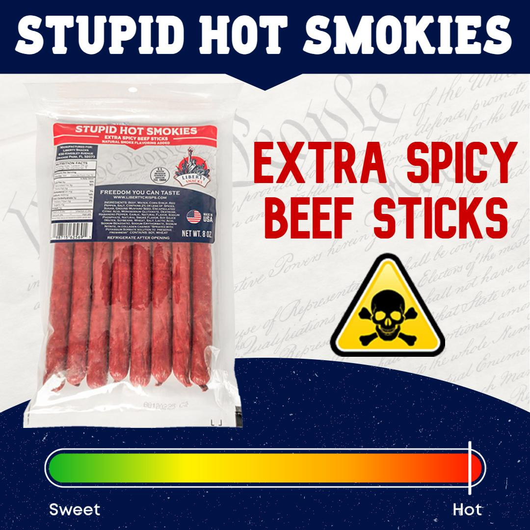 Stupid Hot Craft Beef Sticks - Extreme Heat Meat Snacks - Eight 1 oz Spicy Snack Sticks - 8 Ounce Beef Stick Bags - 1ct Pack