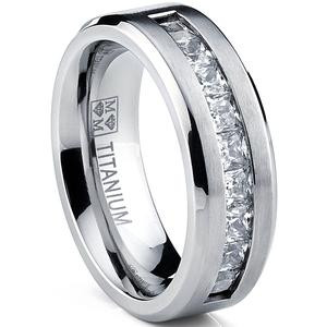 Titanium .9Ct Men's Wedding Band Engagement Ring with 9 large Princess Cut Cubic Zirconia
