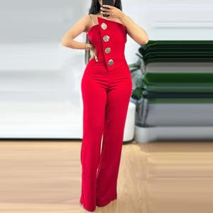 Asymmetrical Bandeau Strapless Jumpsuit Metal Button Decor Casual Overalls Womenswear Chic Stretchy Comfort