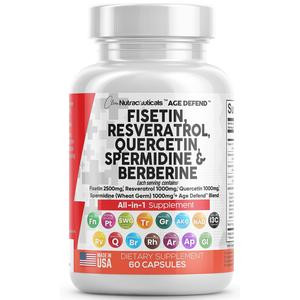 Clean Nutraceuticals Fisetin 2500mg Quercetin 1000mg Resveratrol 1000mg with Spermidine Wheat Germ Extract 1000mg - Health Supplement for Adults with Berberine, Collagen, Rhodiola, Apigenin