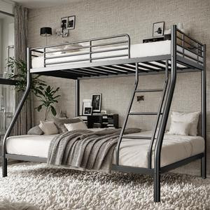 Metal Bunk Bed Twin Over Full Size with Ladder & Guardrail, Metal Bed Frame for Teens Adults, Heavy Duty Sturdy Bunk Beds, Black Furniture Bedroom Sleeping Arrangements