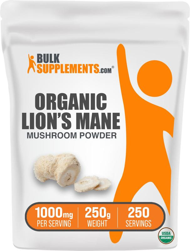 BulkSupplements.com Organic Lion's Mane Powder - Certified Organic - Dietary Supplements -  Edible - Fitness - Mushroom Powders - 100g-1kg - 1000mg per Serving