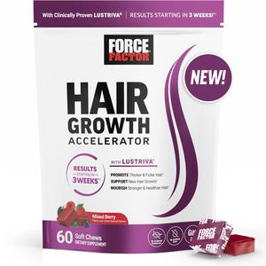 Force Factor Hair Growth Accelerator Soft Chews, Hair Growth Vitamins with Clinically Proven Lustriva to Promote Visibly Thicker, Fuller, Stronger Hair, Mixed Berry, 60 Soft Chews