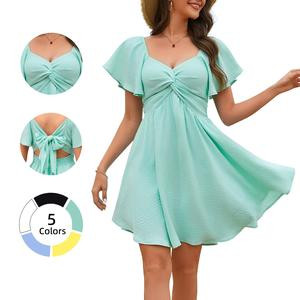 Chicovar Boutiques Women's Summer Sweetheart Neckline Knot Front Flowy Mini Chiffon Dresses, Flutter Sleeve, Tie-Back, A-Line Cut, No Scratchy, No Sheer, Wedding Guest, Bridal Shower, Church, Party, Casual, or Daily Wear