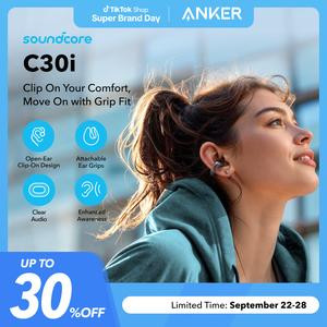 Soundcore C30i by Anker, Open-Ear Earbuds, Clip-On Headphones, Lightweight Comfort, Stable Fit, Firm-Shell Design, Attachable Ear Grips, Big Drivers for Vibrant Sound, 30H Play, IPX4 Water-Resistant