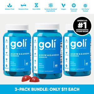 3 Bottles of Goli Ashwagandha & Vitamin D Gummy - Mixed Berry, KSM-66, Vegan, Plant Based, Non-GMO, Gluten-Free & Gelatin Free.