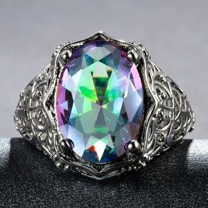 Big Mystic Rainbow Topaz Hollow Art Deco Silver Ring
