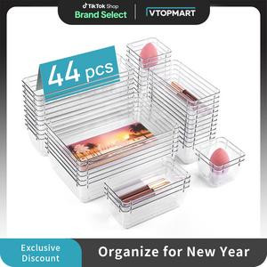 [New Year]Vtopmart 15-60 PCS Clear Plastic Drawer Organizers Set for Makeup, Cosmetic, Kitchen Utensils, Tool Organizer for Gadgets Boxes