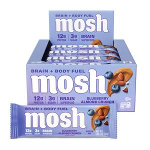 MOSH Blueberry Almond Crunch Protein Bar, Supports Brain Health, 6+ Brain Ingredients, 30g, 12 Pack