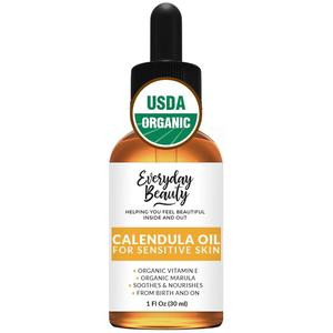 Organic Calendula Oil For Sensitive Skin - USDA Certified Natural Plant Based, Lightweight & Unscented Gentle Soothing Oil For Sensitive Skin - For Face, Skin & All Over - 1 Fl Oz Glass & Dropper