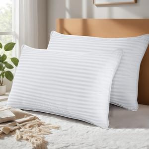 【Labour Day’s Deal】Utopia Premium Hotel Quality Striped Bed Pillows for Back Stomach & Side Sleepers - Polycotton Soft Breathable Covers, No-Shift Construction, White, Pack of 2 - Polyester