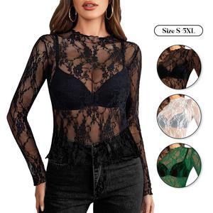 Women's Layering Mesh Top Long Sleeve Mock Neck Sheer Blouse Plus Size See Through Floral 90's Western Grunge Look Lace Tops for Daily Outdoor & Concert  Wear, Women's Clothing for All Season,S-5XL