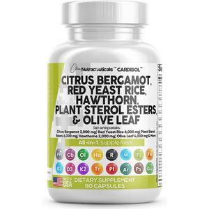 Clean Nutraceuticals Citrus Bergamot 3000mg Red Yeast Rice 6000mg Capsules with Plant Sterols 6000mg - with Hawthorn Extract Olive Leaf Niacin Vitamin K3 D3 COQ10 Guggul & More - USA Made Healthcare Dietary