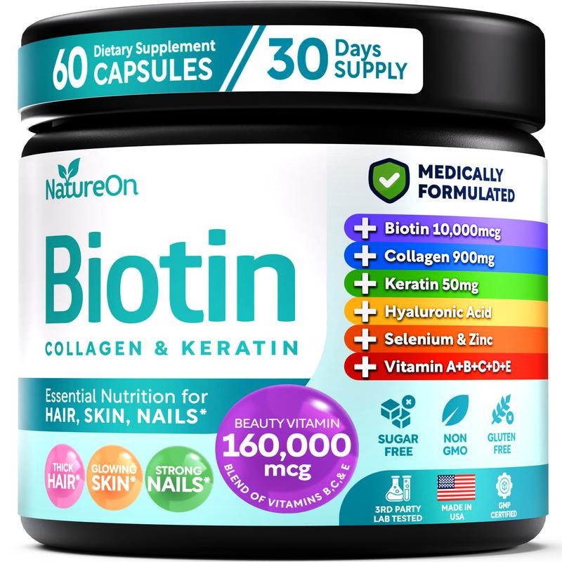 Biotin Collagen Keratin Hair Skin Nails Vitamins - 10,000mcg - A C B2 B3 B6 B7 B12 - Men & Women - Made in USA - Supplement - Healthcare