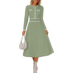 ZESICA Women's 2025 Fall Pleated Sweater Dress Long Sleeve Crewneck Ribbed Knitted Midi Dresses Casual Fabric Womenswear Winter Lady