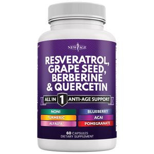 NEW AGE Resveratrol, Berberine, Grape Seed Extract, Quercetin, Polyphenol Supplement for Women and Men with Noni Extract, N-Acetyl Cysteine, Acai Extract Capsules