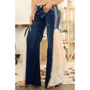 Stretchy Denim Mesh Detail Flare Jeans