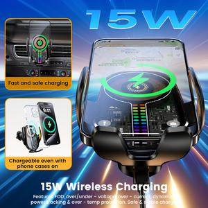 15W Fast Wireless Car Charger with Auto-Clamping Holder & Music Rhythm Lighting - Universal Car Mount for iPhone/Android, Qi-Certified Charging with 360° Rotating Base + Free Type-C Cable