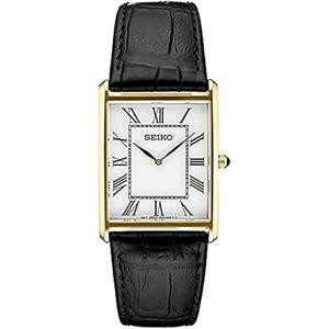 SEIKO Men's Essentials Water Resistant Watch - Stainless Steel Rectangular Case and Leather Strap
