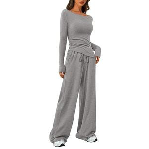 PrettyGarden Women's 2-Piece Lounge Sets Asymmetrical Long Sleeve T Shirt Wide Leg Pants Casual Outfit Womenswear Tracksuit  Basic Minimalist Clothing